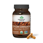 ORGANIC INDIA frasco delantero de Ceylon Cinnamon mostrando diseño y tamaño del producto