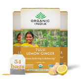 ORGANIC INDIA caja frontal mostrando Tulsi Lemon Ginger y beneficios claros