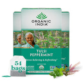 ORGANIC INDIA caja frontal del té Tulsi Peppermint mostrando 18 bolsitas y diseño