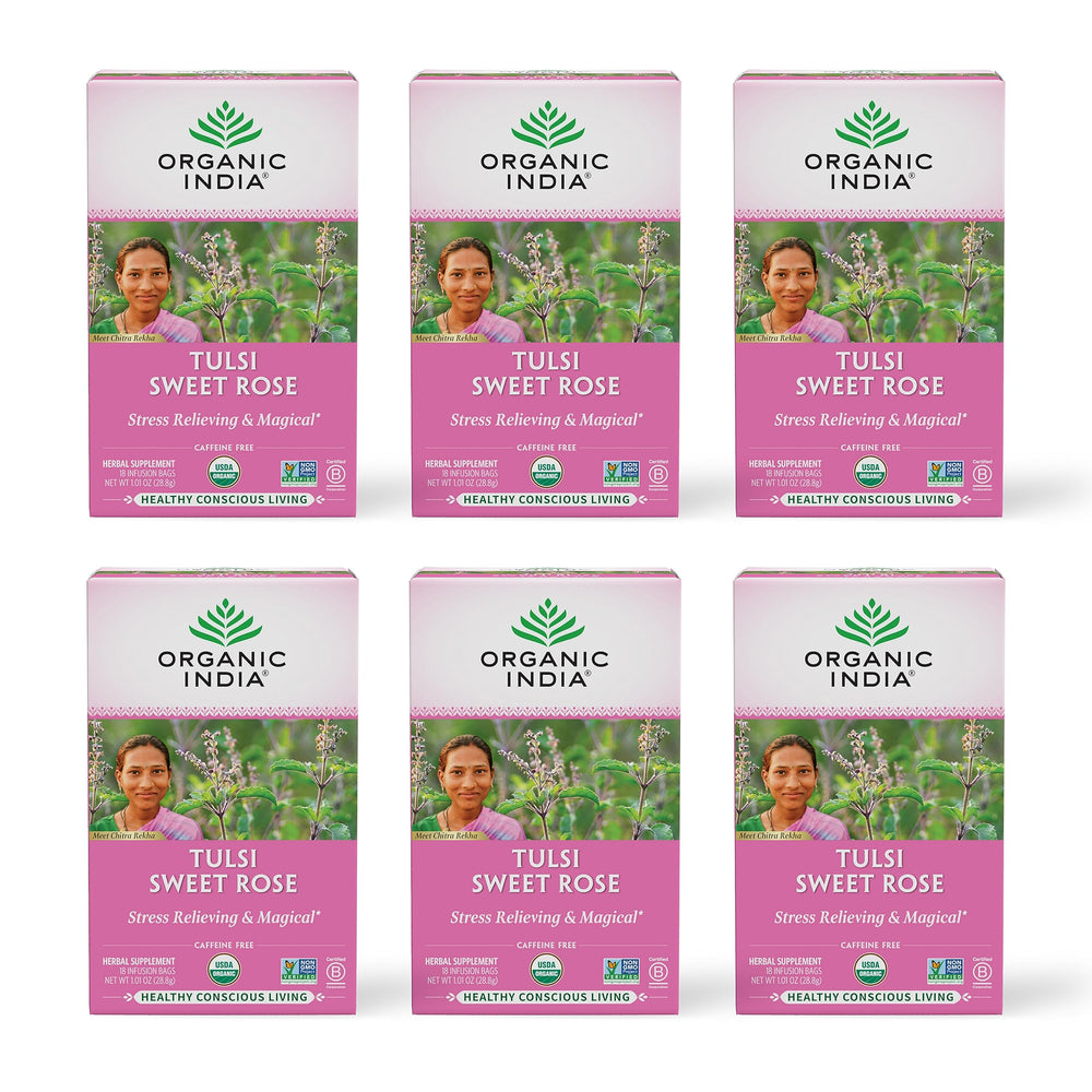ORGANIC INDIA frente del empaque mostrando paquete y etiqueta clara