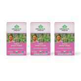 ORGANIC INDIA caja frontal mostrando diseño y cantidad, transmite confianza