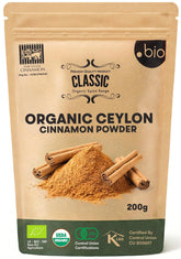 Organic Spice Shop paquete frontal de canela Ceilán mostrando diseño y tamaño