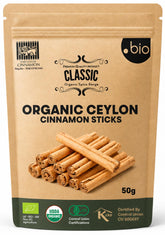 Organic Spice Shop paquete frontal de canela Ceylán mostrando sello orgánico