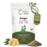 Organic Way bolsa frontal mostrando jengibre y conservación