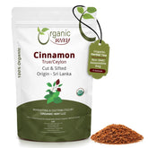 Organic Way empaque frontal de canela True Ceylon, calidad orgánica visible