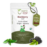 Organic Way empaque frontal mostrando hojas de zarzamora y beneficio de frescura
