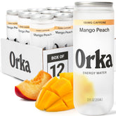 Orka lata frente mango peach mostrando diseño y energía limpia