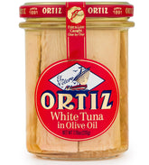 Ortiz tarro frontal mostrando filetes y aceite, presenta calidad y facilidad de consumo