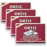 Ortiz ventresca lata frontal mostrando filetes y presentación gourmet