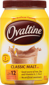 Ovaltine lata frontal mostrando etiqueta y tamaño, aporta sabor malteado