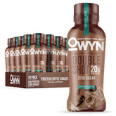 OWYN mocha latte frontal del envase mostrando diseño y beneficio portátil