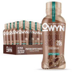 OWYN envase frontal vainilla latte mostrando diseño y tamaño convenientemente