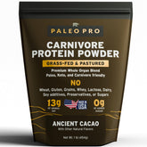 Paleo Pro envase frontal mostrando información y sabor cacao, conveniente y nutritivo