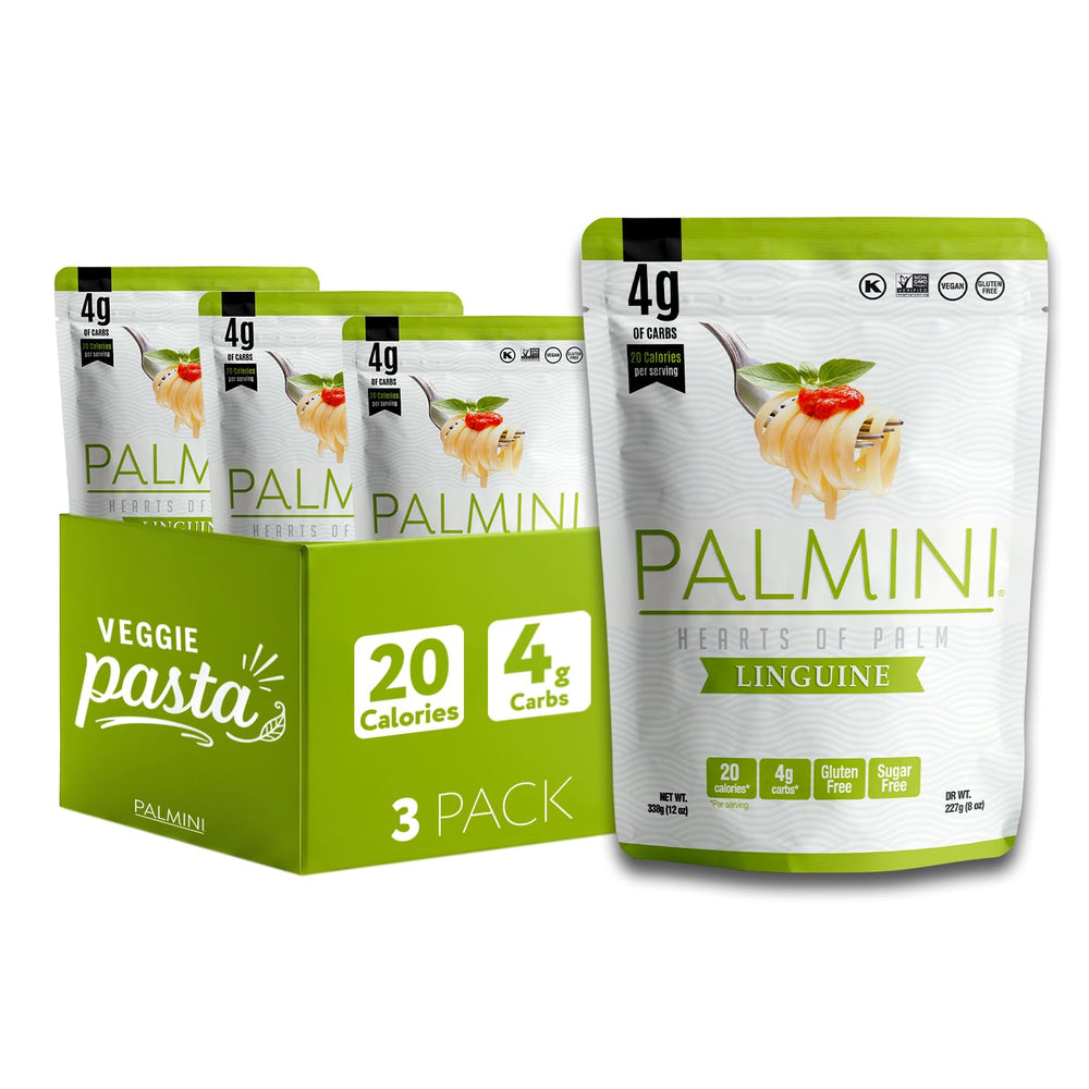 Palmini frente del paquete mostrando linguine y beneficios bajos en calorías