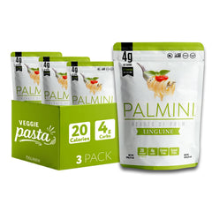 Palmini frente del paquete mostrando linguine y beneficios bajos en calorías