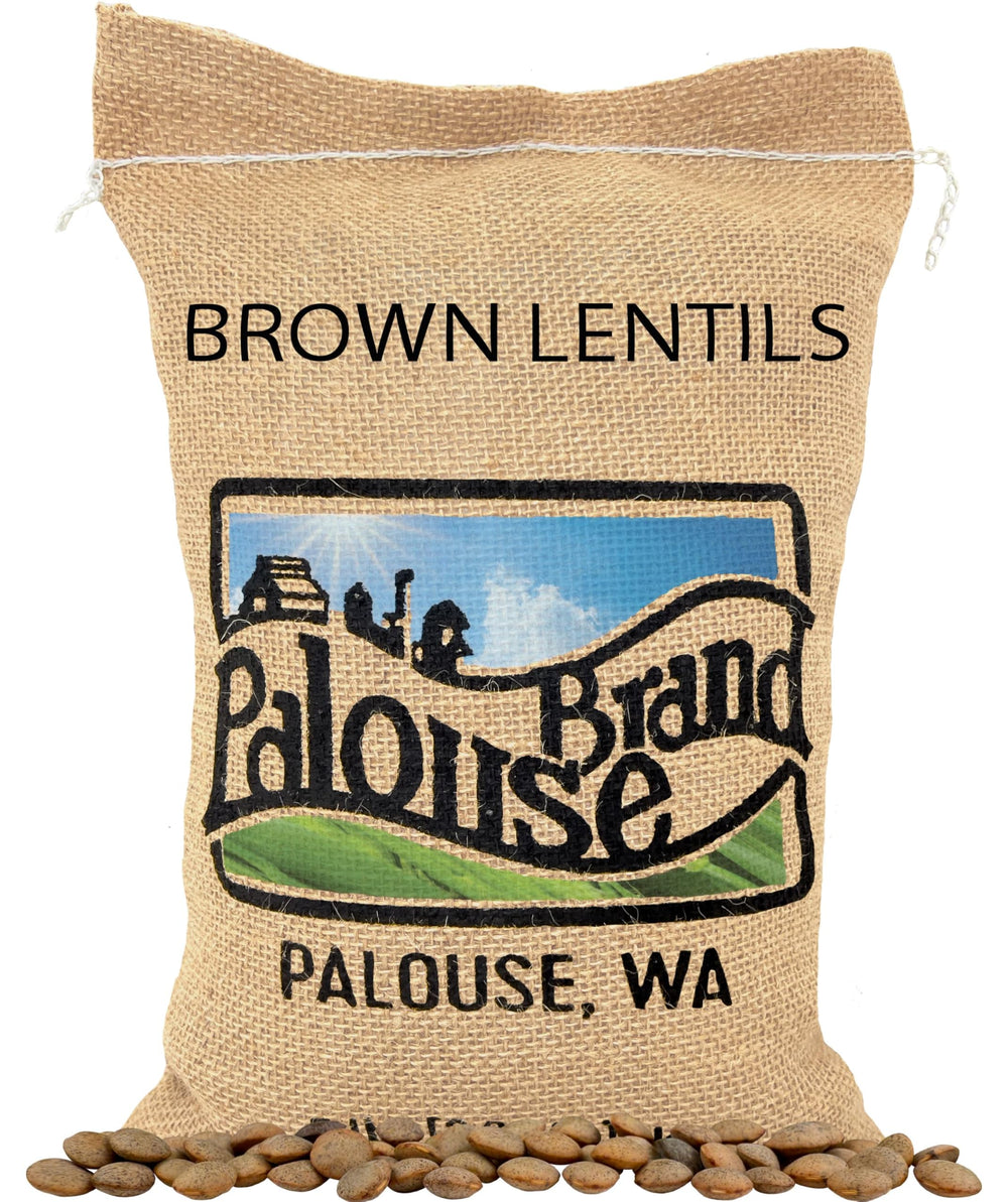 Palouse Brand paquete frontal de lentejas marrones mostrando tamaño y marca