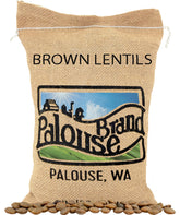 Palouse Brand paquete frontal de lentejas marrones mostrando tamaño y marca