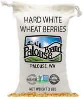 Palouse Brand paquete frontal de trigo blanco duro que muestra peso y beneficio de almacenamiento