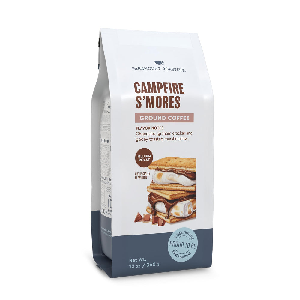 Paramount Roasters frente del paquete mostrando la bolsa y beneficio de sabor s'mores