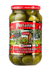 Partanna frasco delantero mostrando aceitunas Castelvetrano y conservación natural