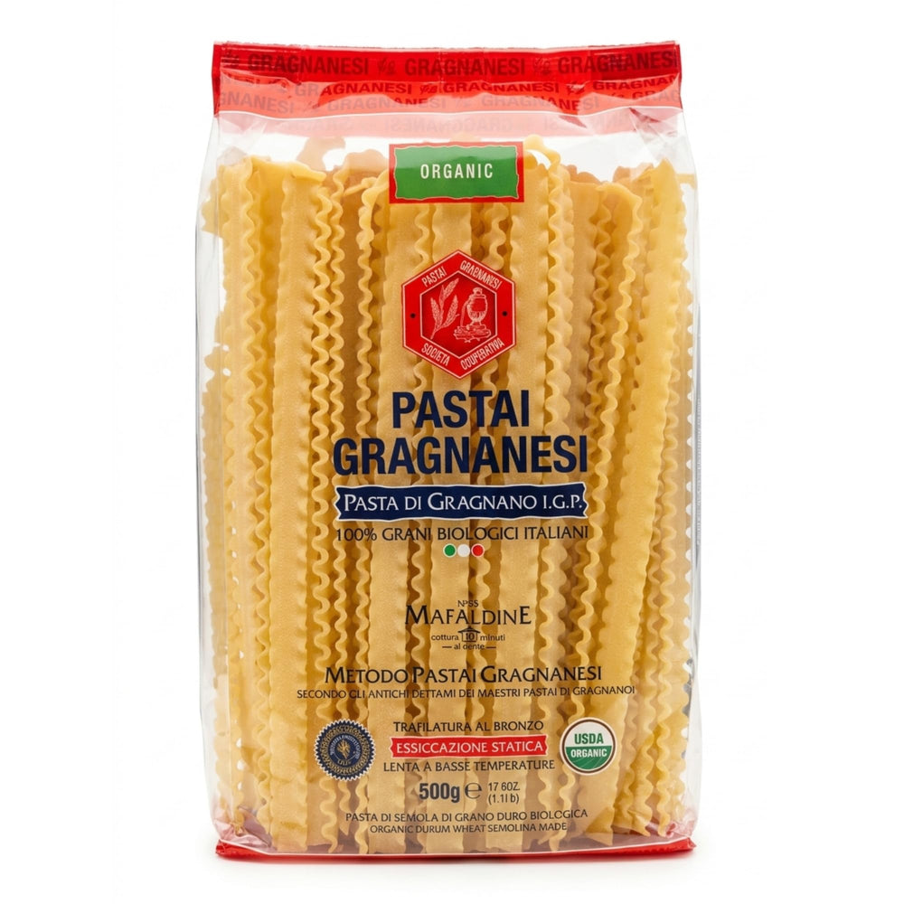 Pastai Gragnanesi paquete frontal mostrando la marca y forma mafaldine, calidad orgánica