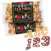 Pastabilities frente del empaque mostrando letras y números, atractivo visual para niños