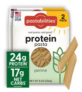 Pastabilities penne frente del empaque mostrando el producto y ventajas nutricionales