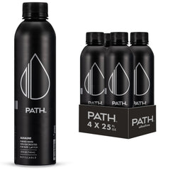 Pathwater botella frontal de aluminio mostrando diseño y beneficio ecológico