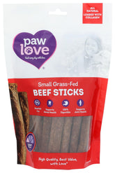 Paw Love paquete frontal mostrando palitos de res, atractivo visual y conveniencia