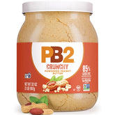 PB2 envase frontal mostrando la marca y el contenido en polvo, conveniencia de almacenamiento