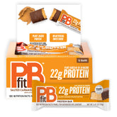 PBfit barra pack frontal mostrando 12 barras y beneficio de proteína portátil