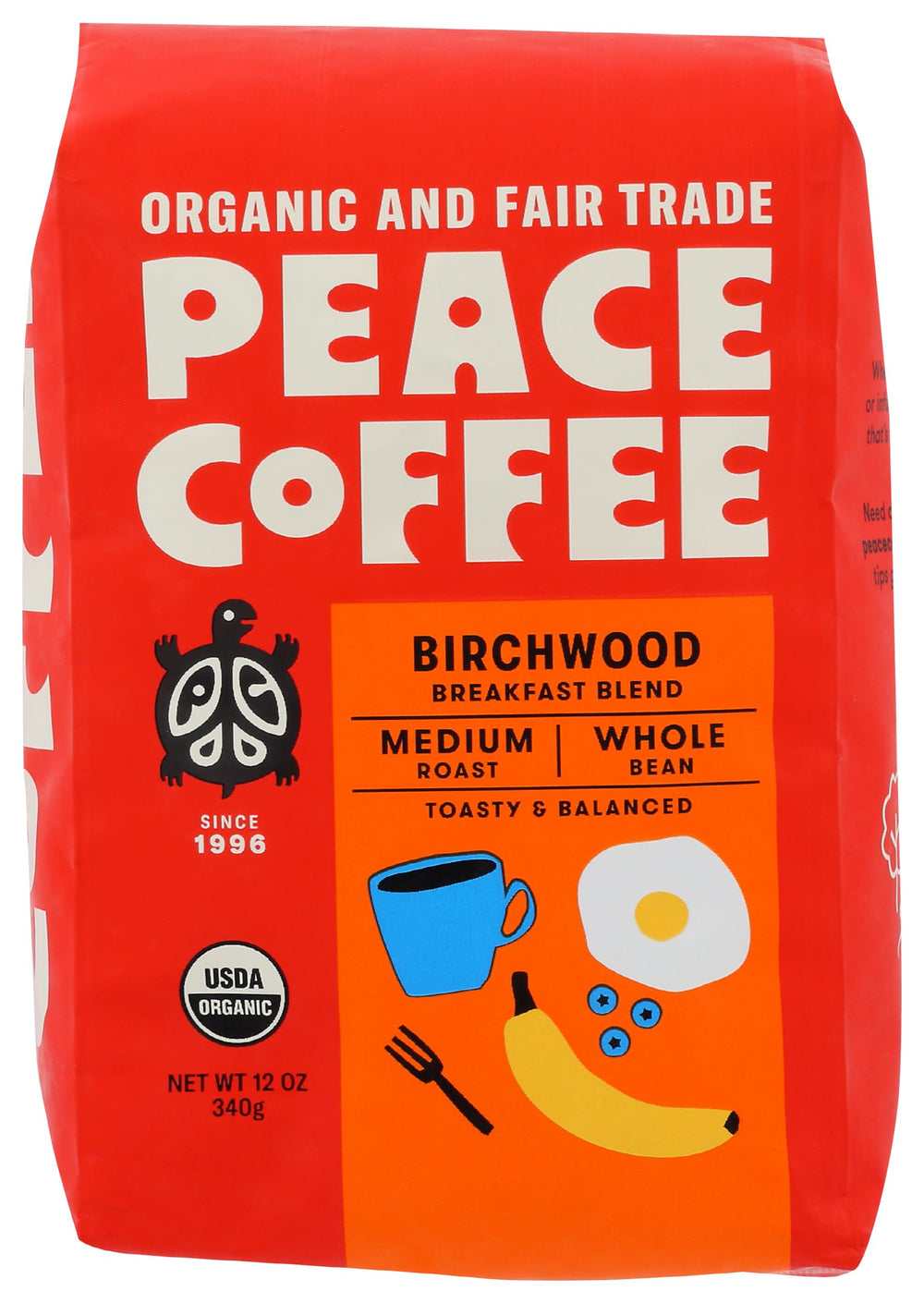 Peace Coffee empaque frontal mostrando 12 oz y beneficios orgánicos