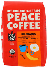 Peace Coffee empaque frontal mostrando 12 oz y beneficios orgánicos