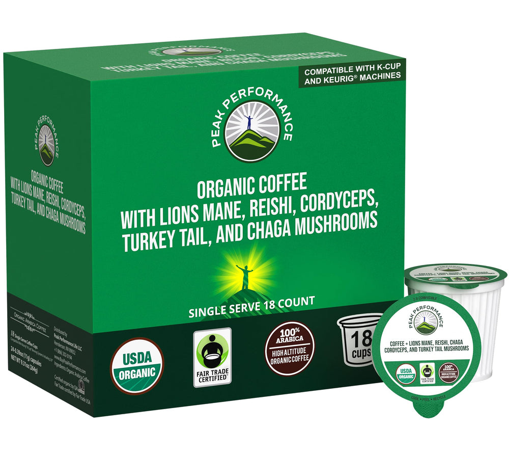 Peak Performance frontal de la caja mostrando sello USDA Organic y beneficio sostenible