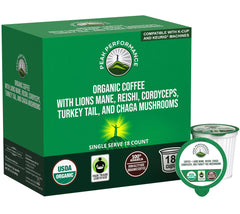 Peak Performance frontal de la caja mostrando sello USDA Organic y beneficio sostenible