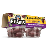PEARLS aceitunas Kalamata al frente mostrando envase portátil y conveniencia