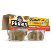 PEARLS envase frontal muestra aceitunas listas para comer, conveniencia inmediata