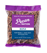 Pecan Nation envase frontal mostrando trozos de pecana y beneficio de sabor duradero