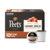 Peet's Coffee caja frontal mostrando sabor Caramel Brûlée y beneficio práctico
