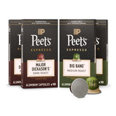 Peet's Coffee frontal del pack variedad mostrando cajas y diseño, conveniencia de elección