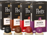 Peet's Coffee paquete frontal mostrando las cuatro cajas y beneficio de variedad