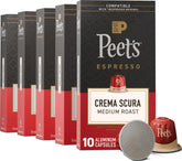 Peet's empaque frontal de Crema Scura mostrando 50 cápsulas y beneficio de conveniencia