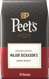 Peet's Coffee empaque frontal de Major Dickason's Blend mostrando el diseño y beneficio de sabor intenso