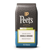 Peet's empaque frontal mostrando marca y tipo Half-Caf, facilidad de identificación