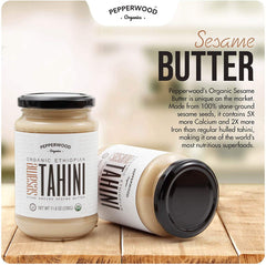 Cuchara con tahini Pepperwood Organics mostrando textura cremosa y homogénea