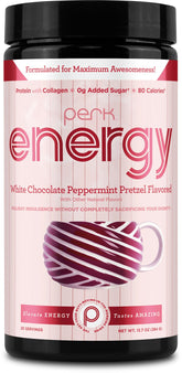 Perk bote frontal del sabor White Chocolate Peppermint Pretzel muestra presentación clara