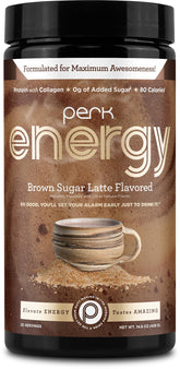 Perk frasco frontal del Brown Sugar Latte mostrando el envase y ventaja de conveniencia