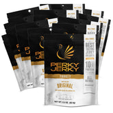 Perky Jerky empaque frontal mostrando pack de 12 y beneficios