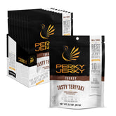 Perky Jerky frente del paquete teriyaki mostrando marca y tamaño práctico