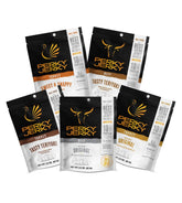 Perky Jerky paquete frontal mostrando las cinco bolsas, ideal para probar sabores